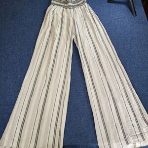 Rewash Womens XS Linen Blend Wide Leg Smocked Waist Striped Pants Beige Black